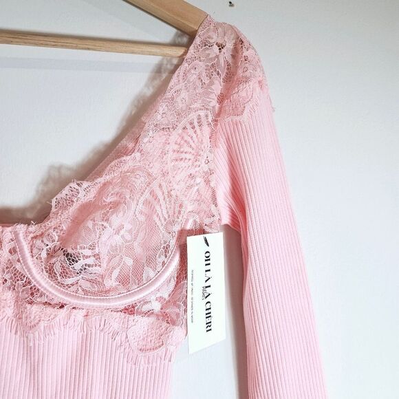 NWT Oh La La CheriRibbed Knit and Eyelash Lace Teddy Lingerie Bodysuit Size S - Picture 3 of 8
